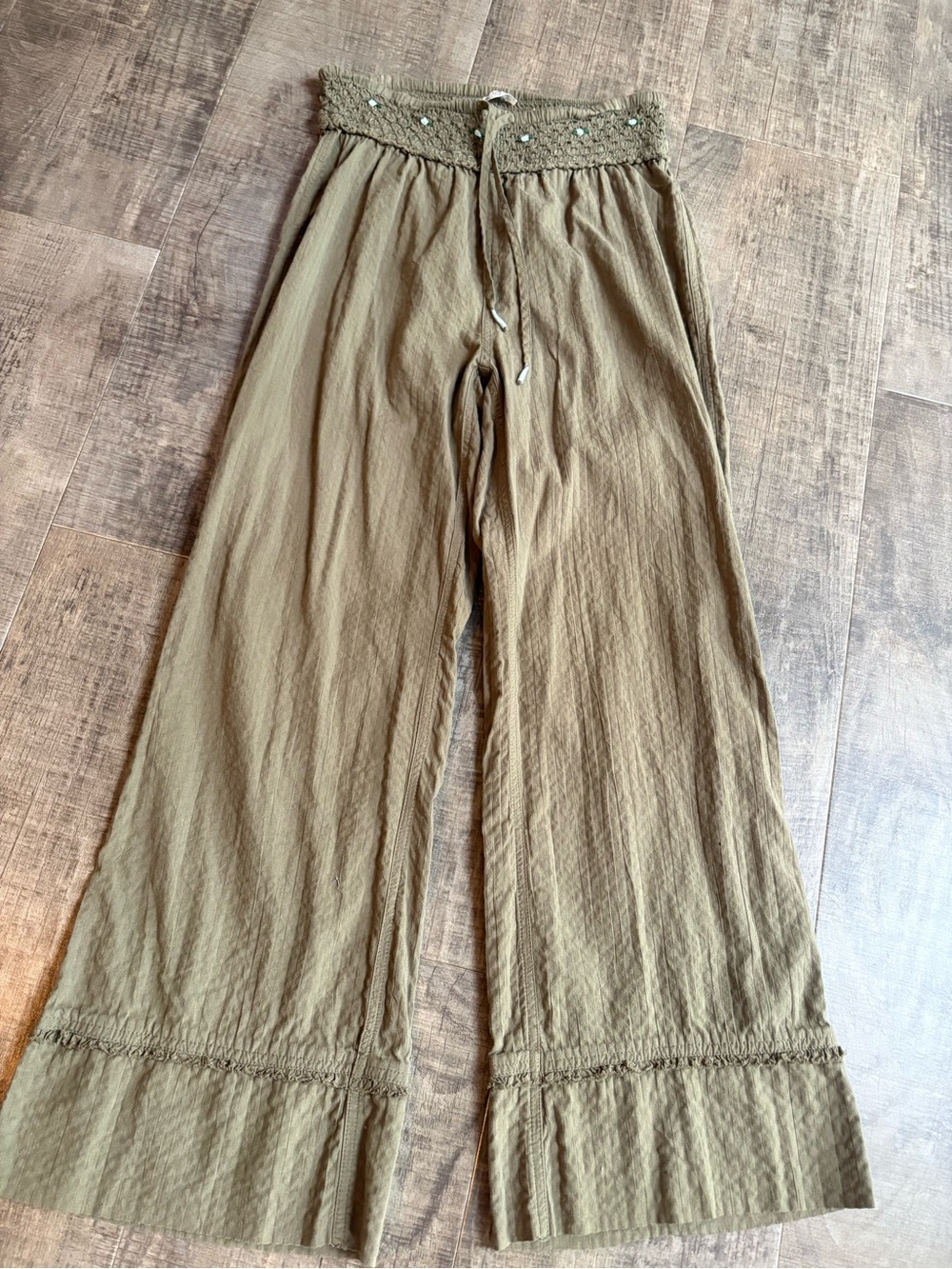 Free People Olive Green Wide-Leg Smocked Waist Pants
